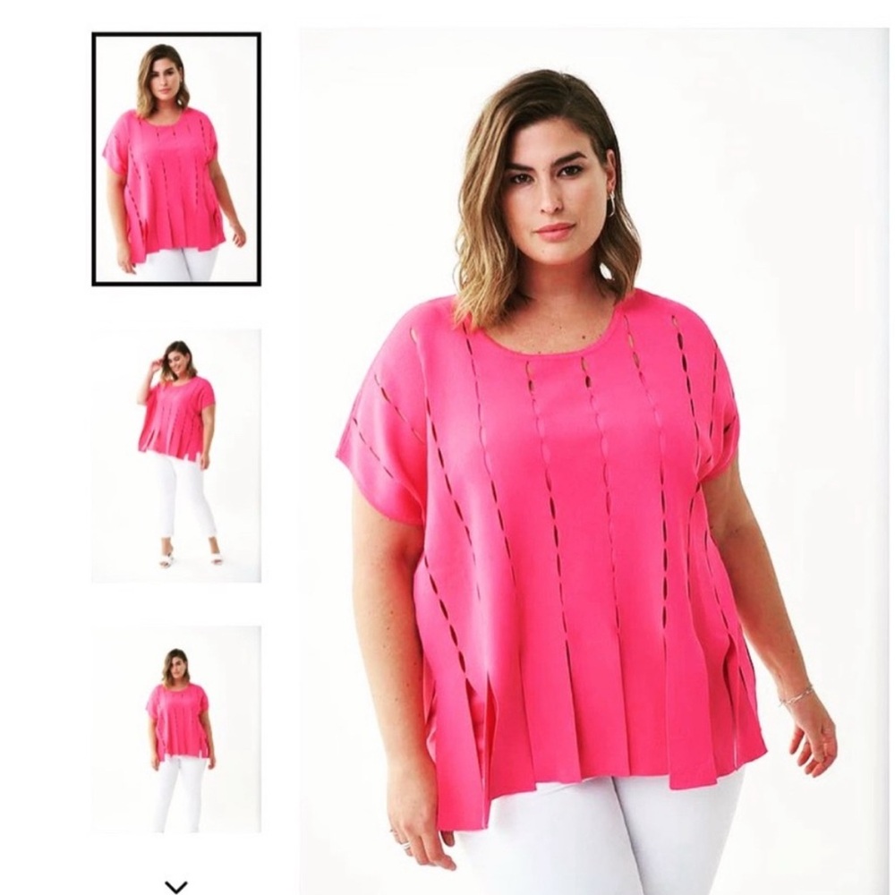 Joseph Ribkoff L Pink Sleeveless sweater tank Top car wash cut out fringe